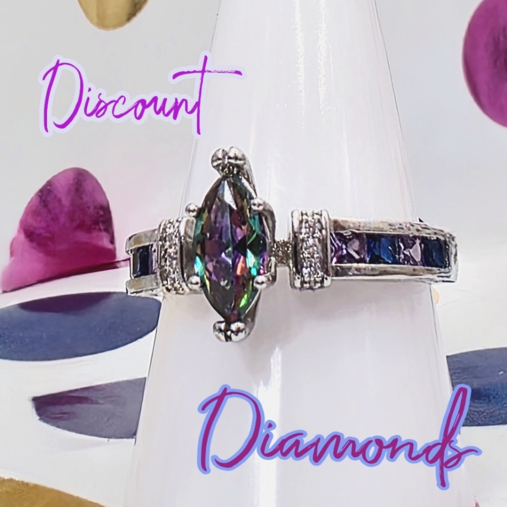 Mystic Topaz & Clear White Baguette Diamond Cocktail Ring on 925 Sterling Silver